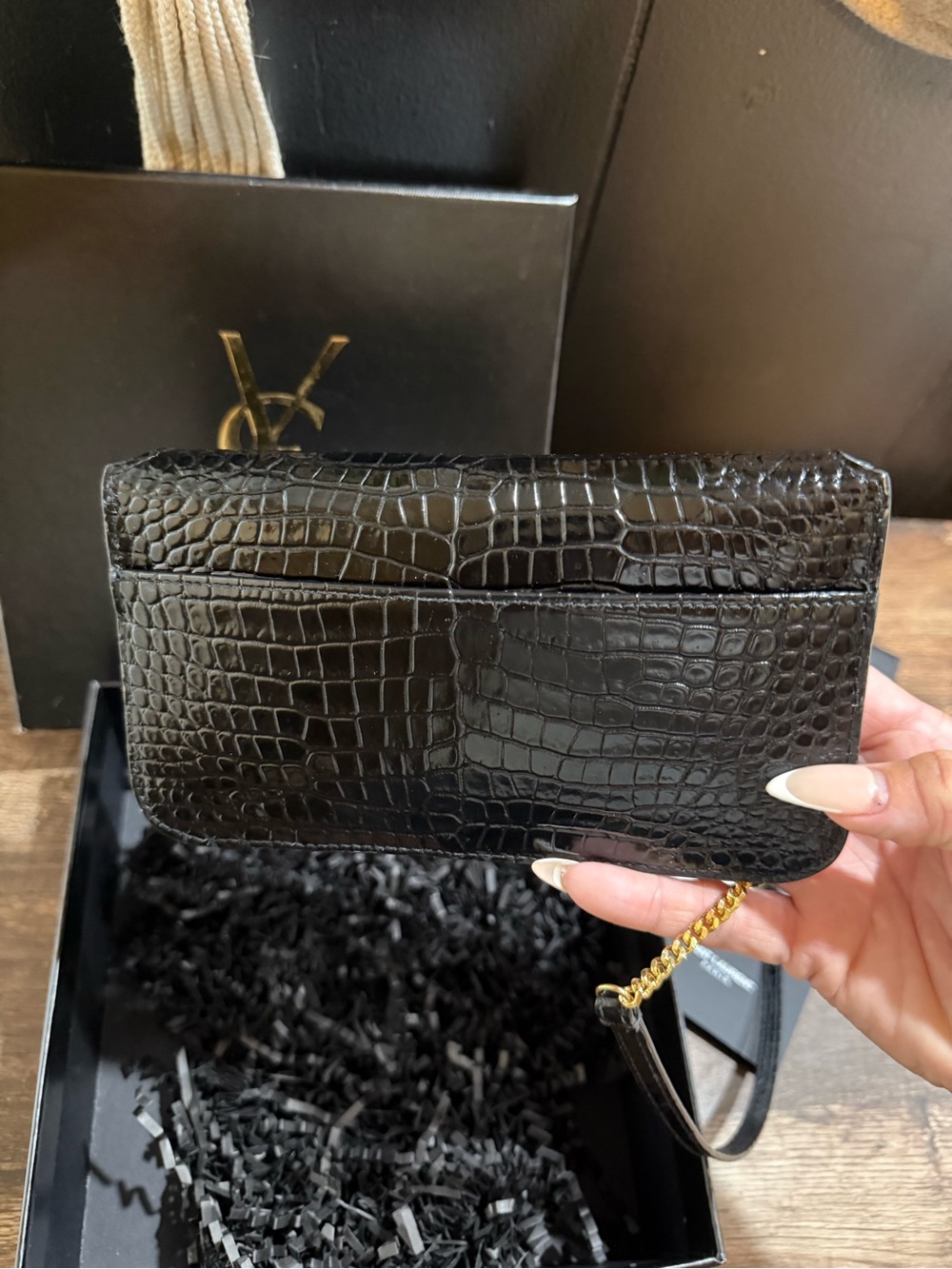 Saint Laurent Black Croc-Embossed YSL Chain Wallet with Gold Hardware - Picture 3 of 6